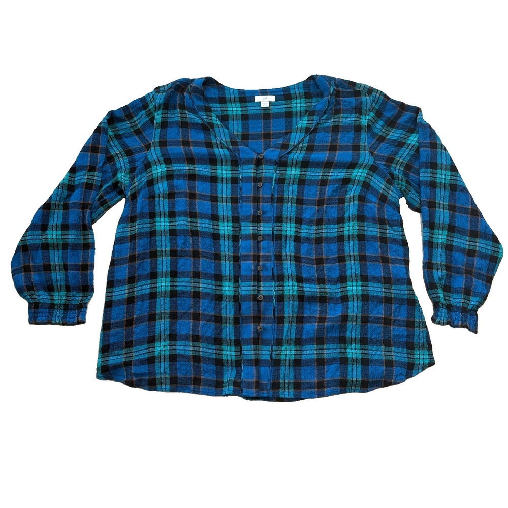 J Jill Womens Lightweight Flannel Blouse Womens XL Plaid Button Up Shirt Top